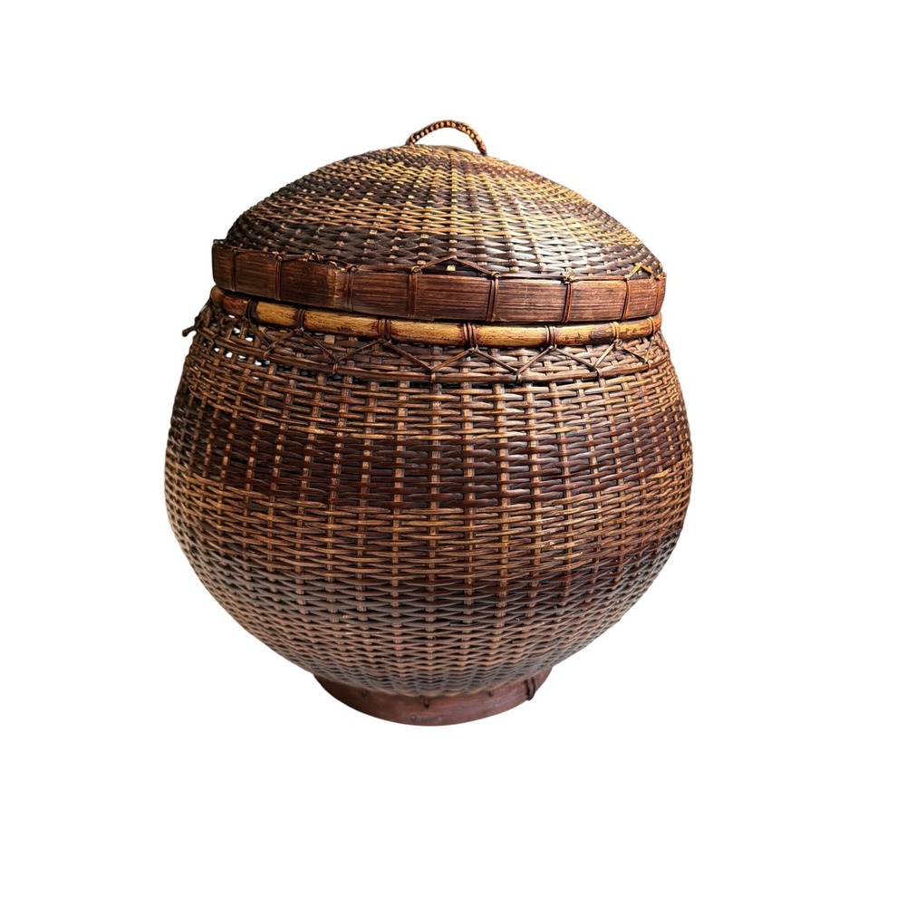 Vintage Hand Woven Bamboo Basket with Lid Dark Brown Boho Decorative Storage 14"